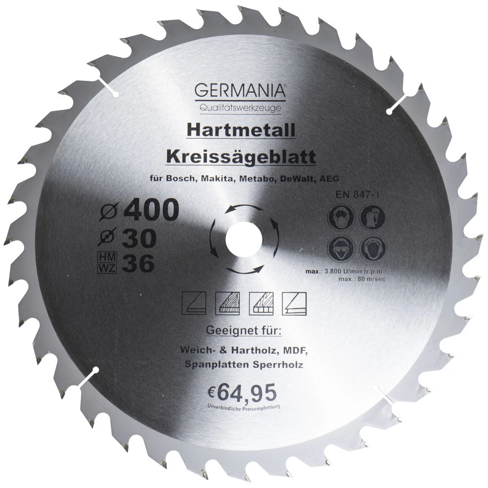 GERMANIA HM Kreissägeblatt Ø 400mm, 36 Zähne Für Holz 1 GERMANIA HM Kreissägeblatt Ø 400mm, 36 Zähne Für Holz