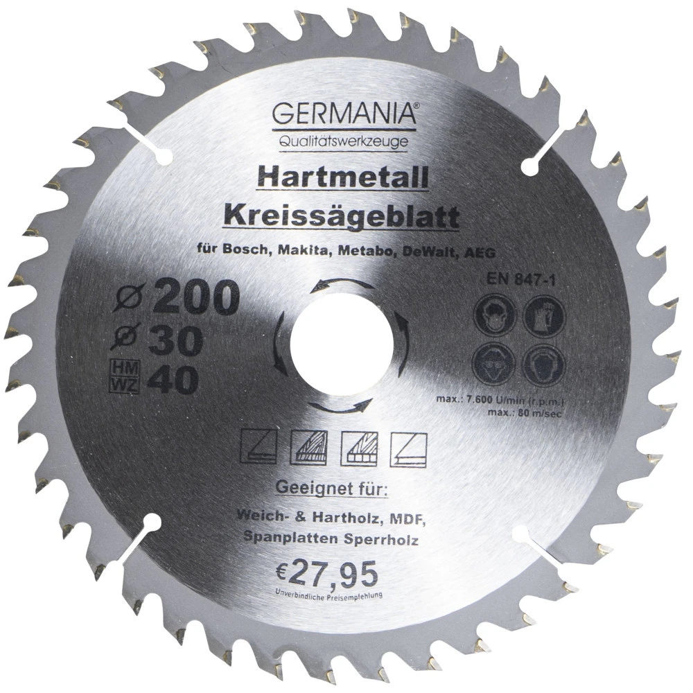 GERMANIA HM Kreissägeblatt Ø 200mm, 40 Zähne Für Holz 1 GERMANIA HM Kreissägeblatt Ø 200mm, 40 Zähne Für Holz