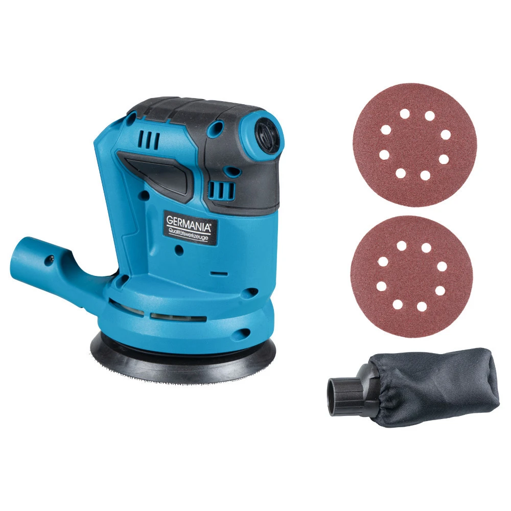 GERMANIA Plattform Akku-Exzenterschleifer 20 V Mit Schleifpapier Und Staubbeutel 1 GERMANIA Plattform Akku-Exzenterschleifer 20 V Mit Schleifpapier Und Staubbeutel