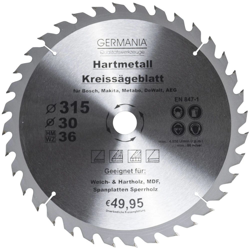 GERMANIA HM Kreissägeblatt Ø 315mm, 36 Zähne Für Holz 1 GERMANIA HM Kreissägeblatt Ø 315mm, 36 Zähne Für Holz